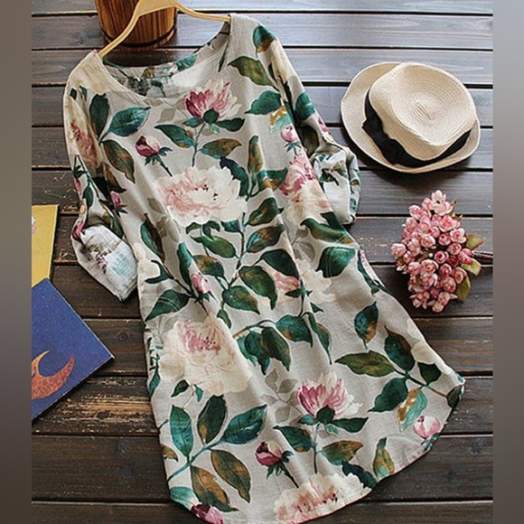 Cellabie Dresses & Skirts - Beige Rose Roll-Tab Sleeve Shift Dress